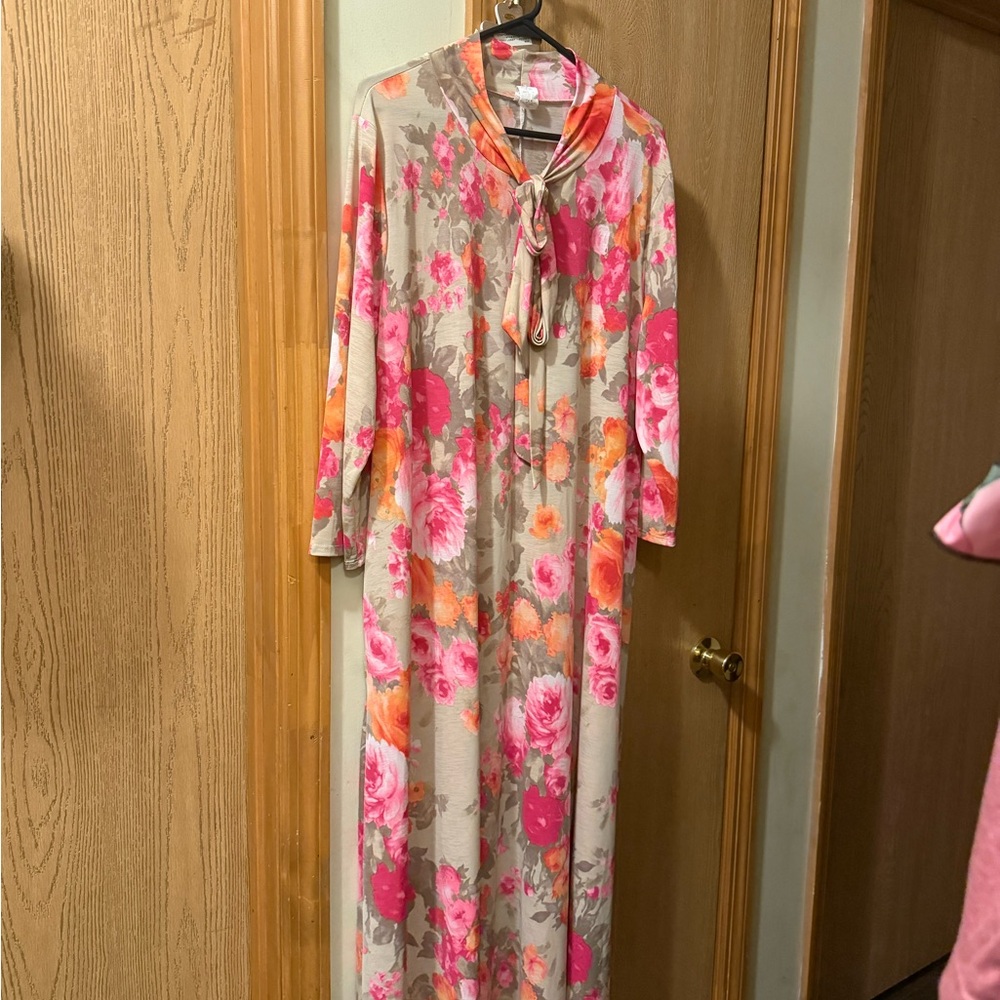 a new day Beige Dress with Pink & Orange Floral Tie Detail